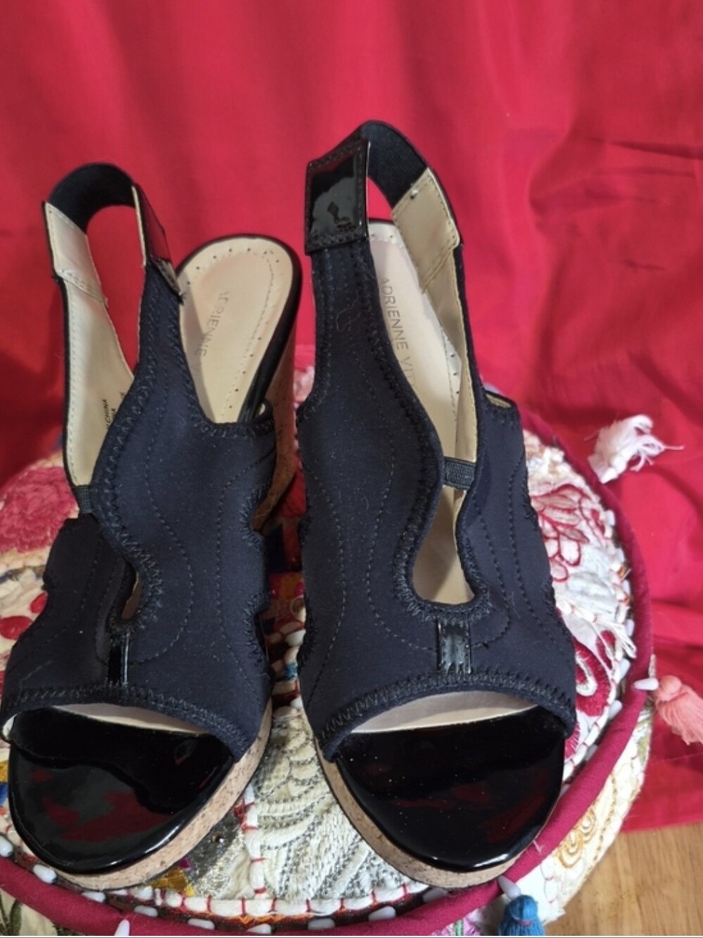 ADRIENNE VITTADINI-Black Cork Wedge Slingback Heels - Women's